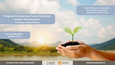 Grafika promująca wykład online pn. "Program Priorytetowy Czyste Powietrze ? zasady i finansowanie"